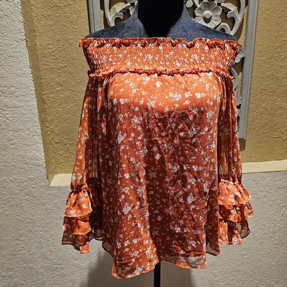 CeCe S Off Shoulder Floral Blouse Ruffle Sleeve Boho Cottagecore Garden Romantic - Picture 4 of 10